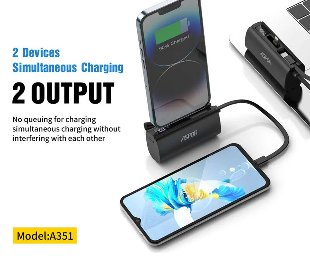 Aspor A351 2in1 Iphone & Type-C Flexible Portable Mini 5000mah Power Bank