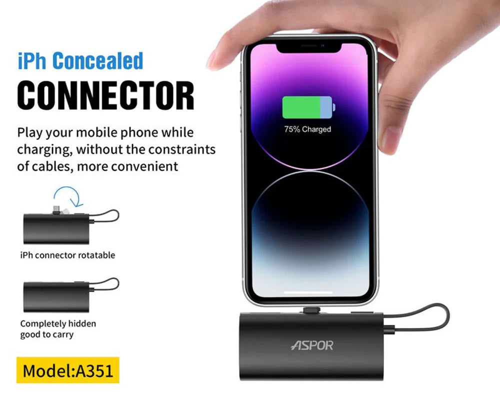 Aspor A351 2in1 Iphone & Type-C Flexible Portable Mini 5000mah Power Bank