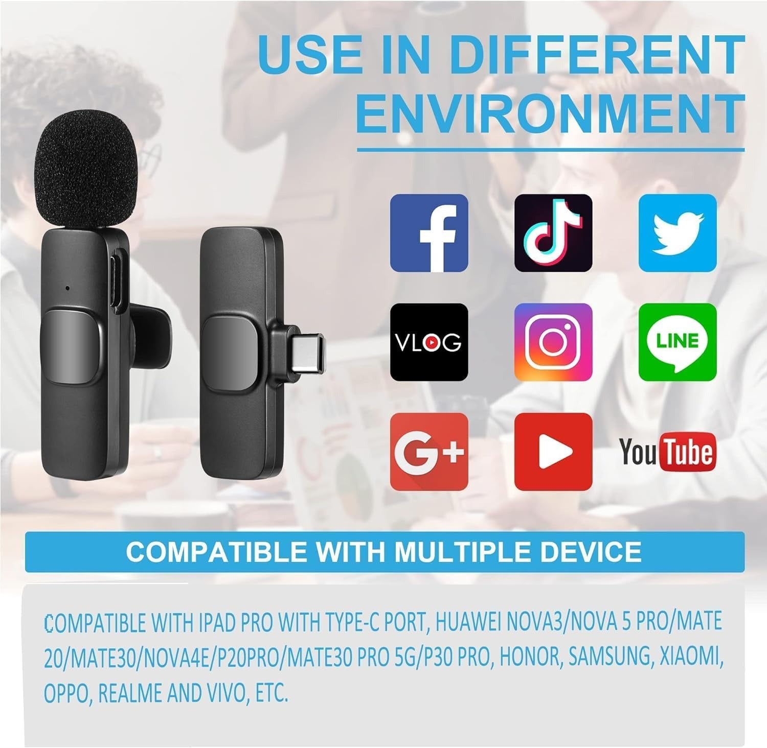 WIRELESS MIC K9 Dual Microphone Mic Plug & Play USB Type C Plug Wireless Lavalier Microphone