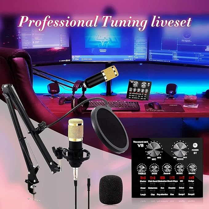 Podcast Mic Set With Live Sound Card,condenser Microphone With Rechargeable 12 Kinds Of Auxiliary Background For Karaoke Singing, Youtube Recording