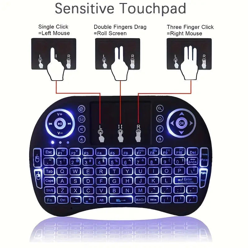 i8 2.4G Mini wireless keyboard with touchpad | 7-color Backlight ,plug and play | Super cool design | Perfect for Android TV Box, Smart TV, Projector, PS3