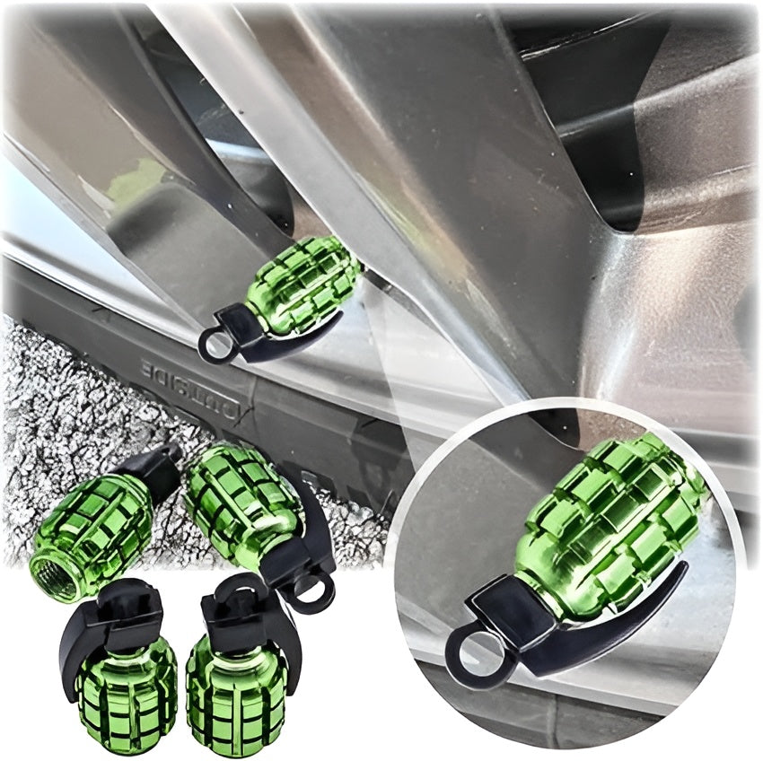 Pack of 2 - Grenade Tyre Air Valve Nozzle Caps for Car and Bikes (Golden)