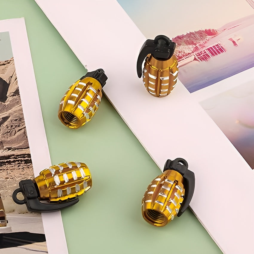Pack of 2 - Grenade Tyre Air Valve Nozzle Caps for Car and Bikes (Golden)