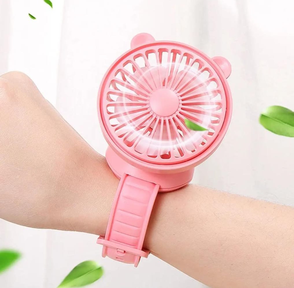 Rechargeable Portable Cartoon Style Children Watch Fan with RGB Light | Portable Fan Office Handheld New Creative Gift (Random color)