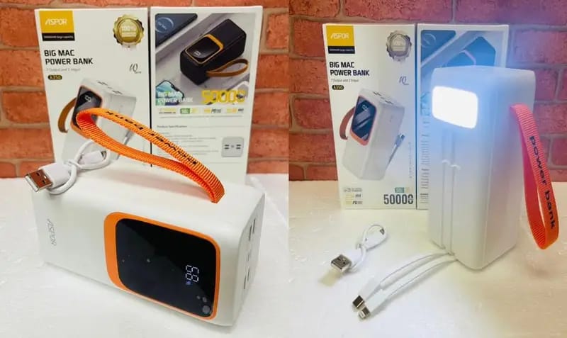 Aspor A350 50,000mAh - Fast Charging with Built-in Flashlight Power Bank for mobile and laptops  (Random color)