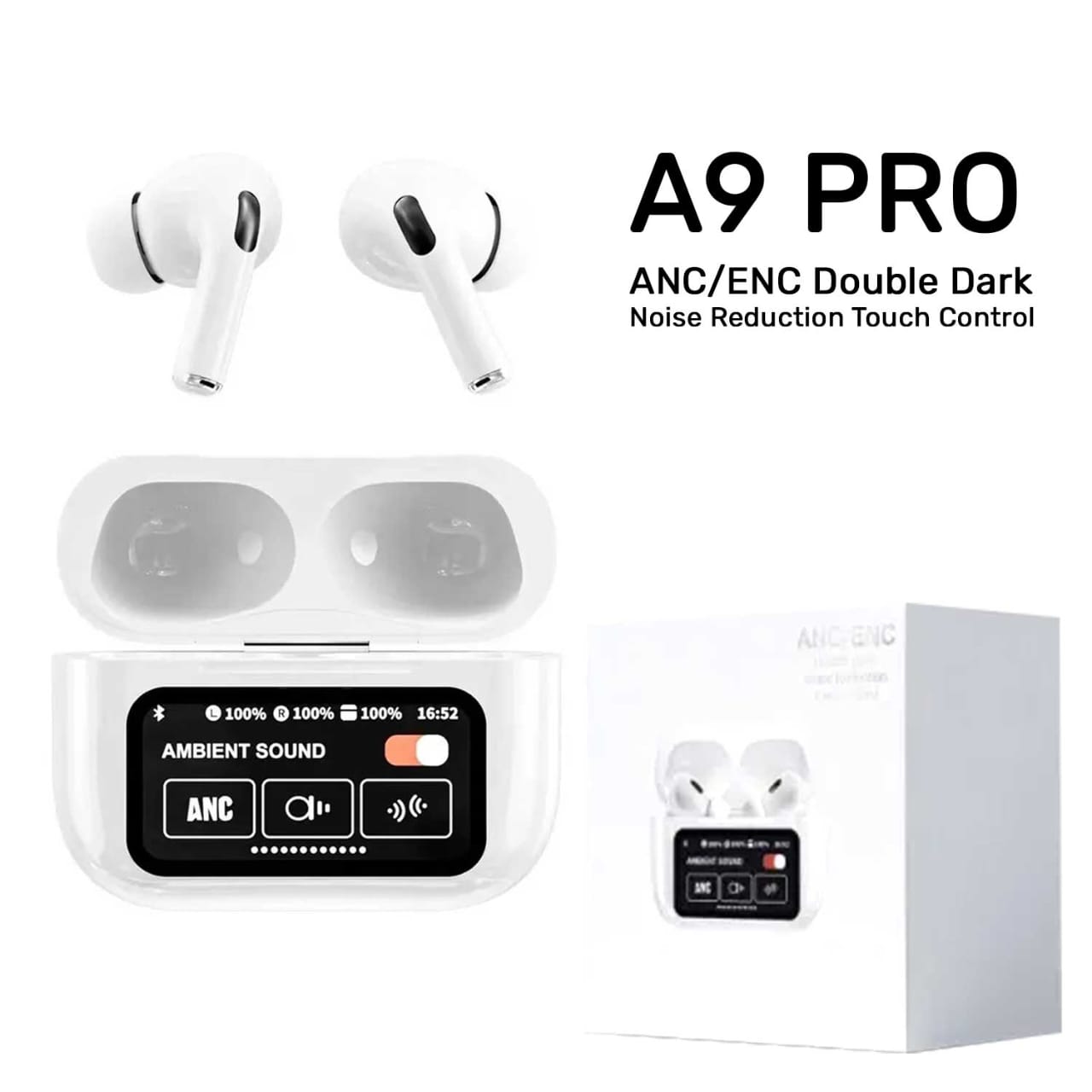 A9 Pro Earbuds ANC/ENC Touch Screen Display Noise Reduction Wireless Earbuds For Android & iOS | A9 Pro | A9 Pro Apple Airpods ANC/ENC Zhongkelqnxun Touch Control Bt 5.4 Earbuds