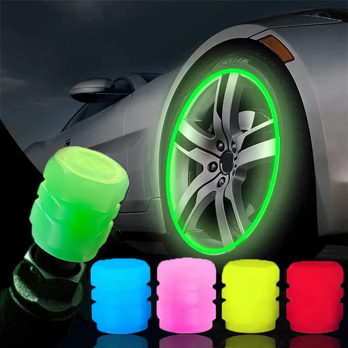 PACK OF TWO Glow in The Dark Tire Valve Caps Fluorescent Stem Car Universal Air Cap Auto Covers Cars Motorcycles SUV Trucks Bikes Accessories ( Random Colors )