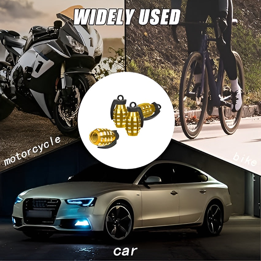 Pack of 2 - Grenade Tyre Air Valve Nozzle Caps for Car and Bikes (Golden)