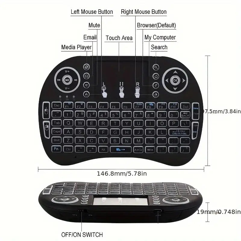 i8 2.4G Mini wireless keyboard with touchpad | 7-color Backlight ,plug and play | Super cool design | Perfect for Android TV Box, Smart TV, Projector, PS3