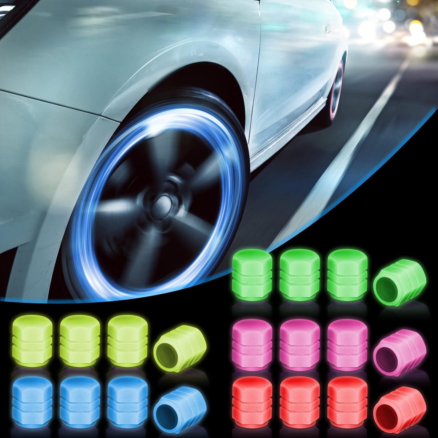 PACK OF TWO Glow in The Dark Tire Valve Caps Fluorescent Stem Car Universal Air Cap Auto Covers Cars Motorcycles SUV Trucks Bikes Accessories ( Random Colors )
