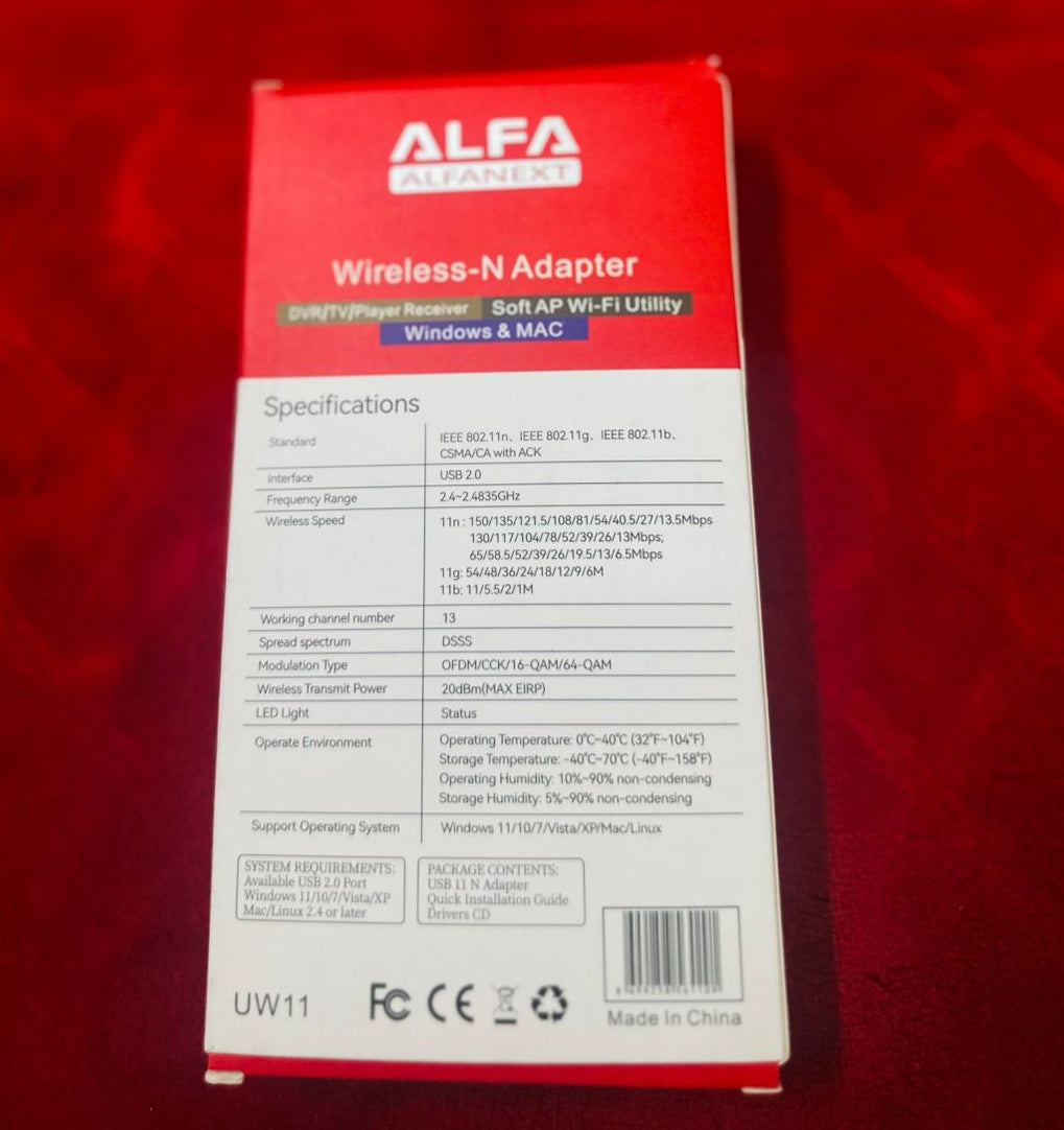 UW11 Alfa Net Wireless-N USB WiFi Adapter with Antenna | 2.4GHz 150/300Mbps High-Speed Network Dongle for PC, Laptop, Windows &amp; Linux – IEEE 802.11b/g/n, Soft AP Utility